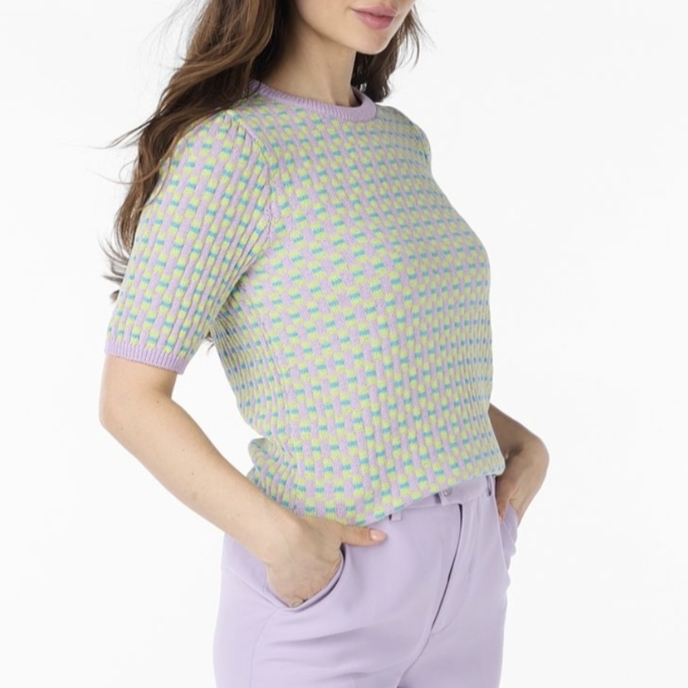Lavender Check Knit Short-Sleeve Top - Picture 2 of 12